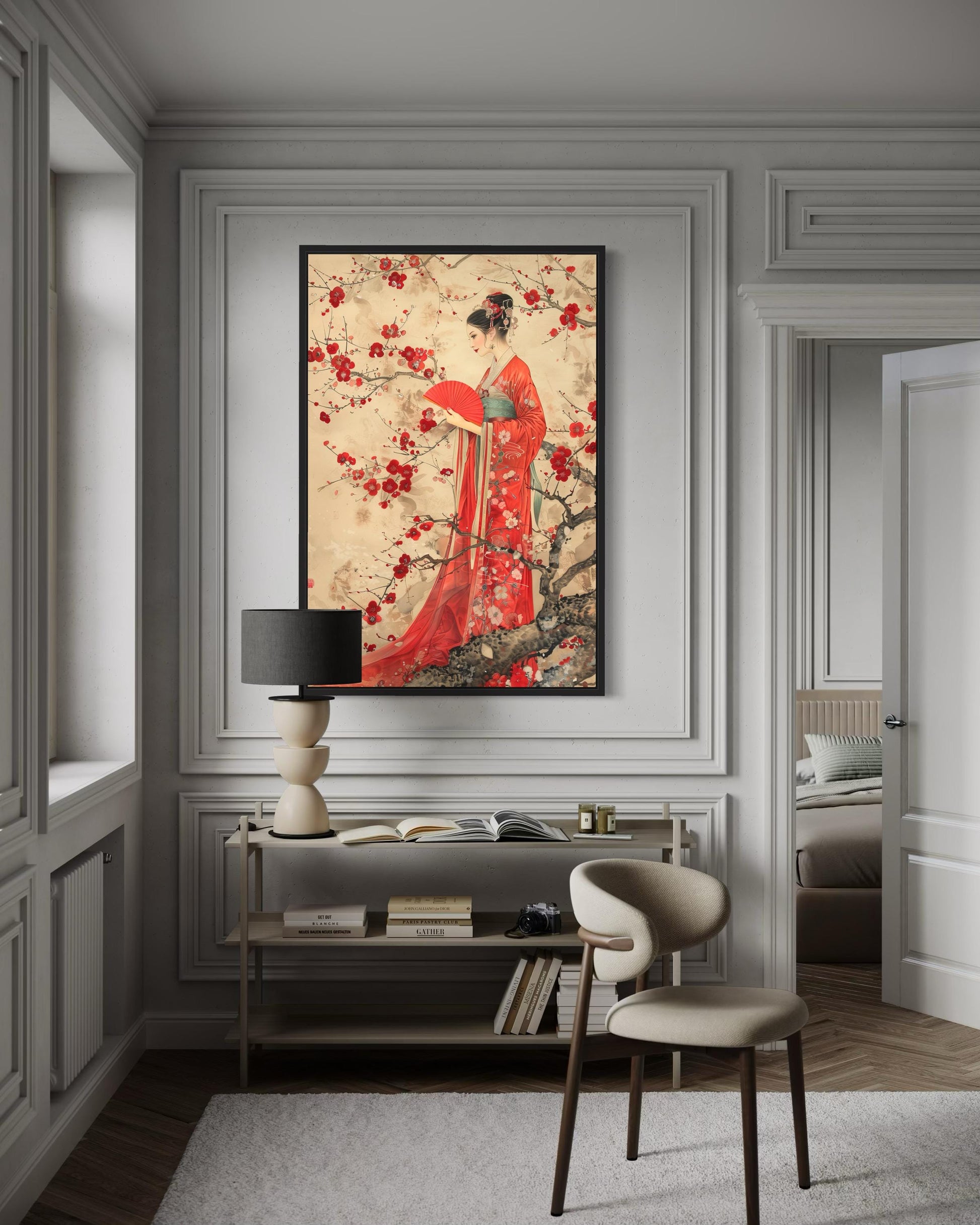 Elegant Chinese Woman And Plum Blossom Framed Canvas Wall Art