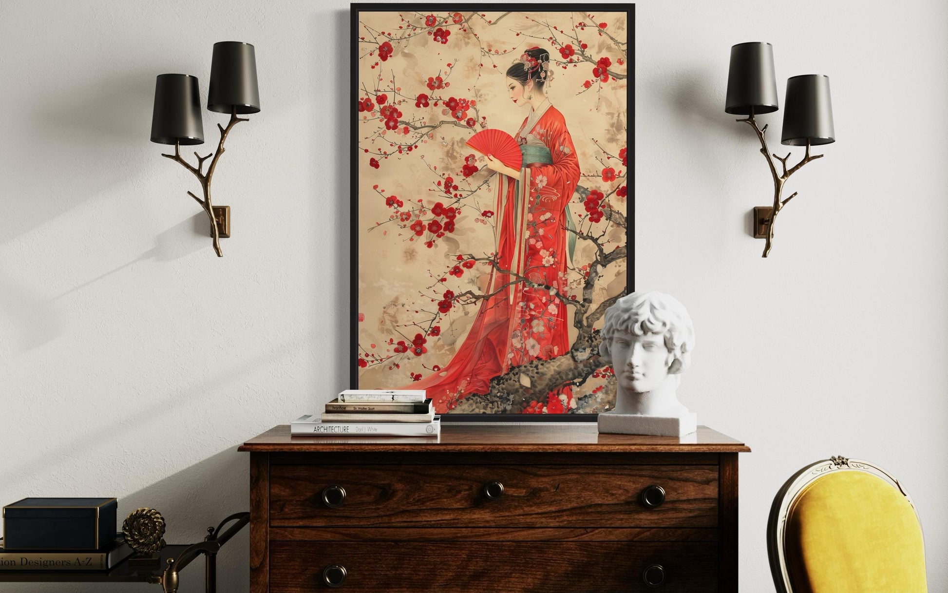 Elegant Chinese Woman And Plum Blossom Framed Canvas Wall Art
