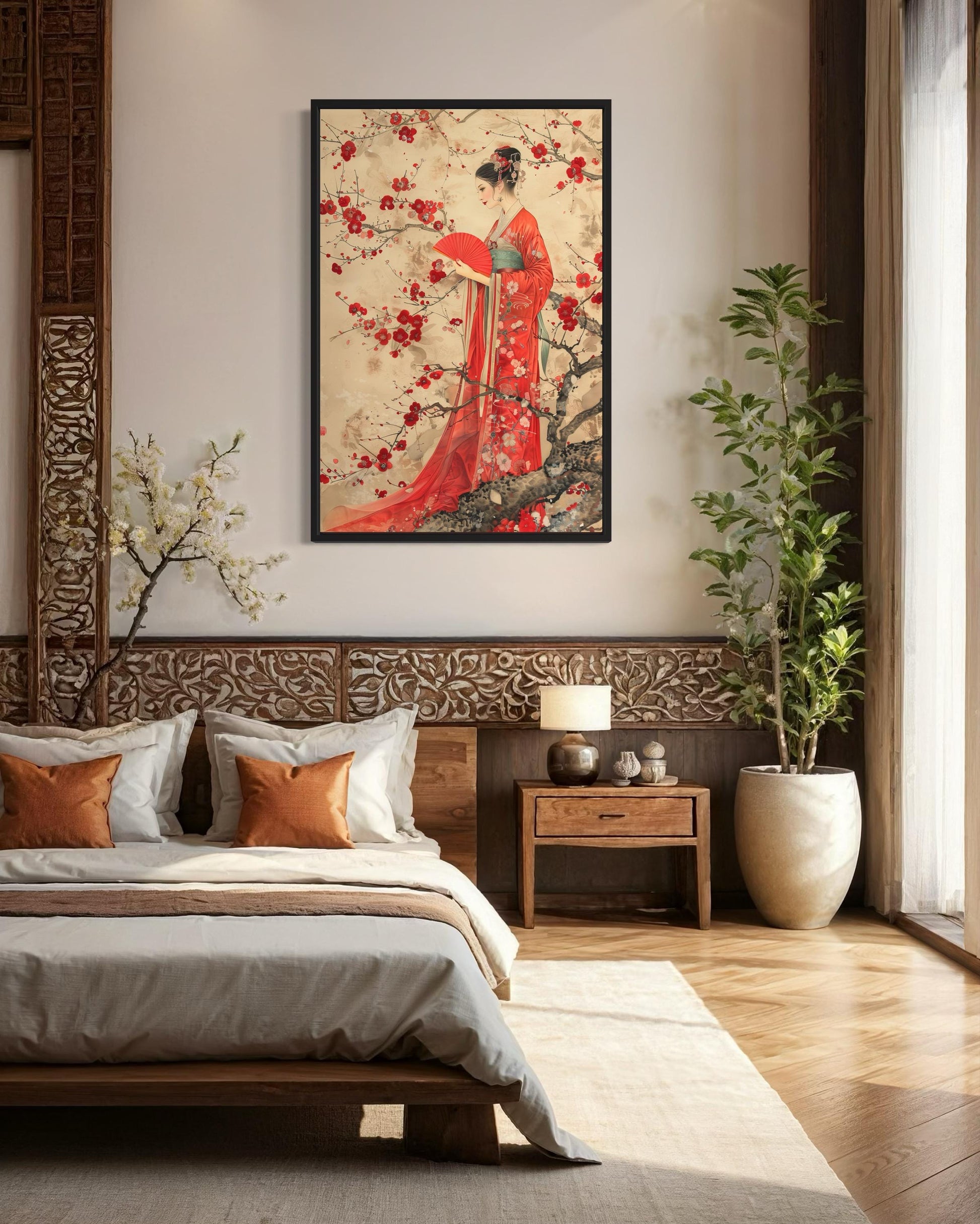 Elegant Chinese Woman And Plum Blossom Framed Canvas Wall Art