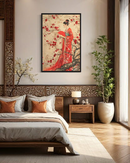 Elegant Chinese Woman And Plum Blossom Framed Canvas Wall Art