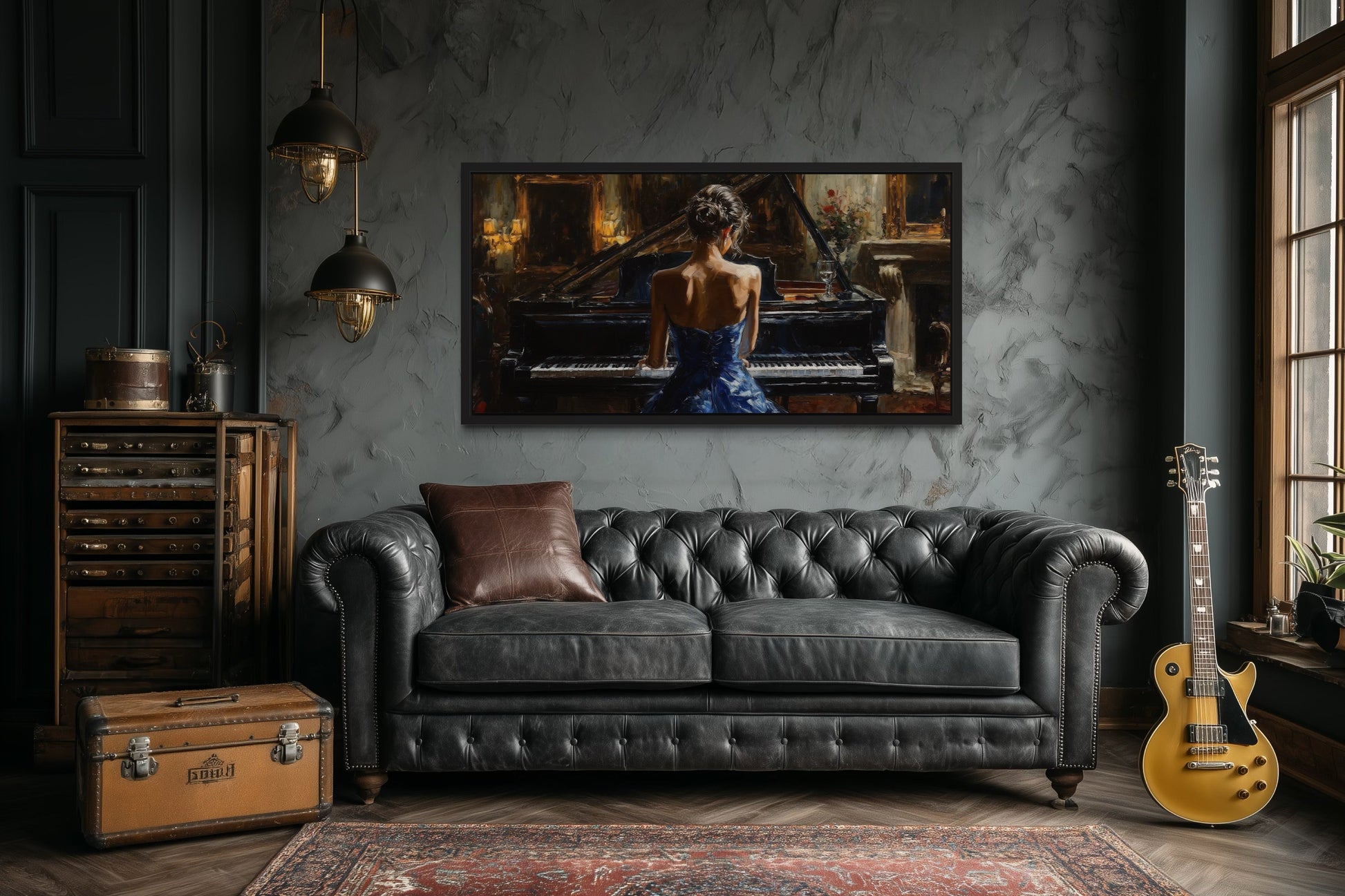 Elegant Woman In Blue Dress Playing Piano Canvas Wall Art