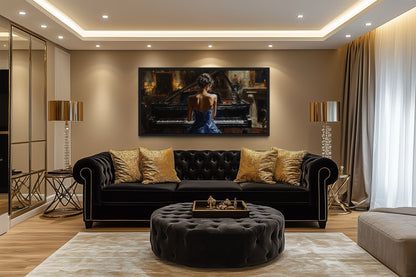 Elegant Woman In Blue Dress Playing Piano Canvas Wall Art