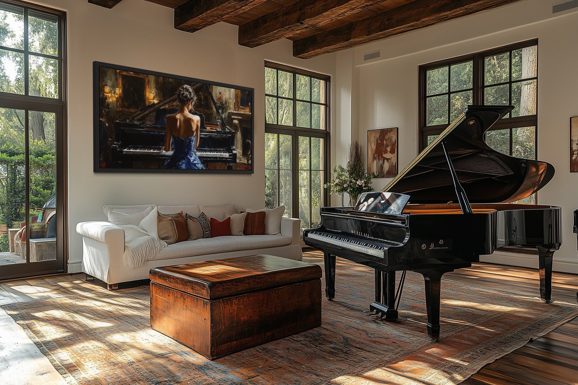 Elegant Woman In Blue Dress Playing Piano Canvas Wall Art