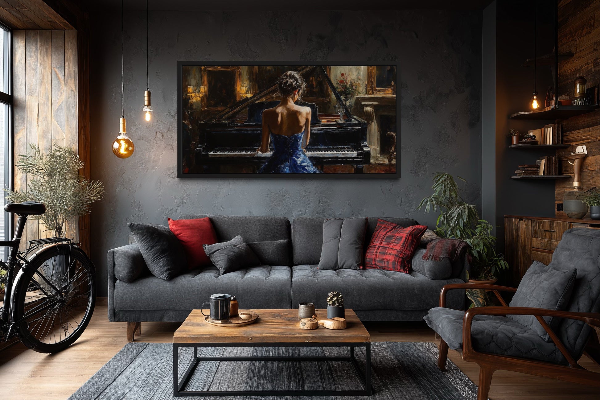 Elegant Woman In Blue Dress Playing Piano Canvas Wall Art