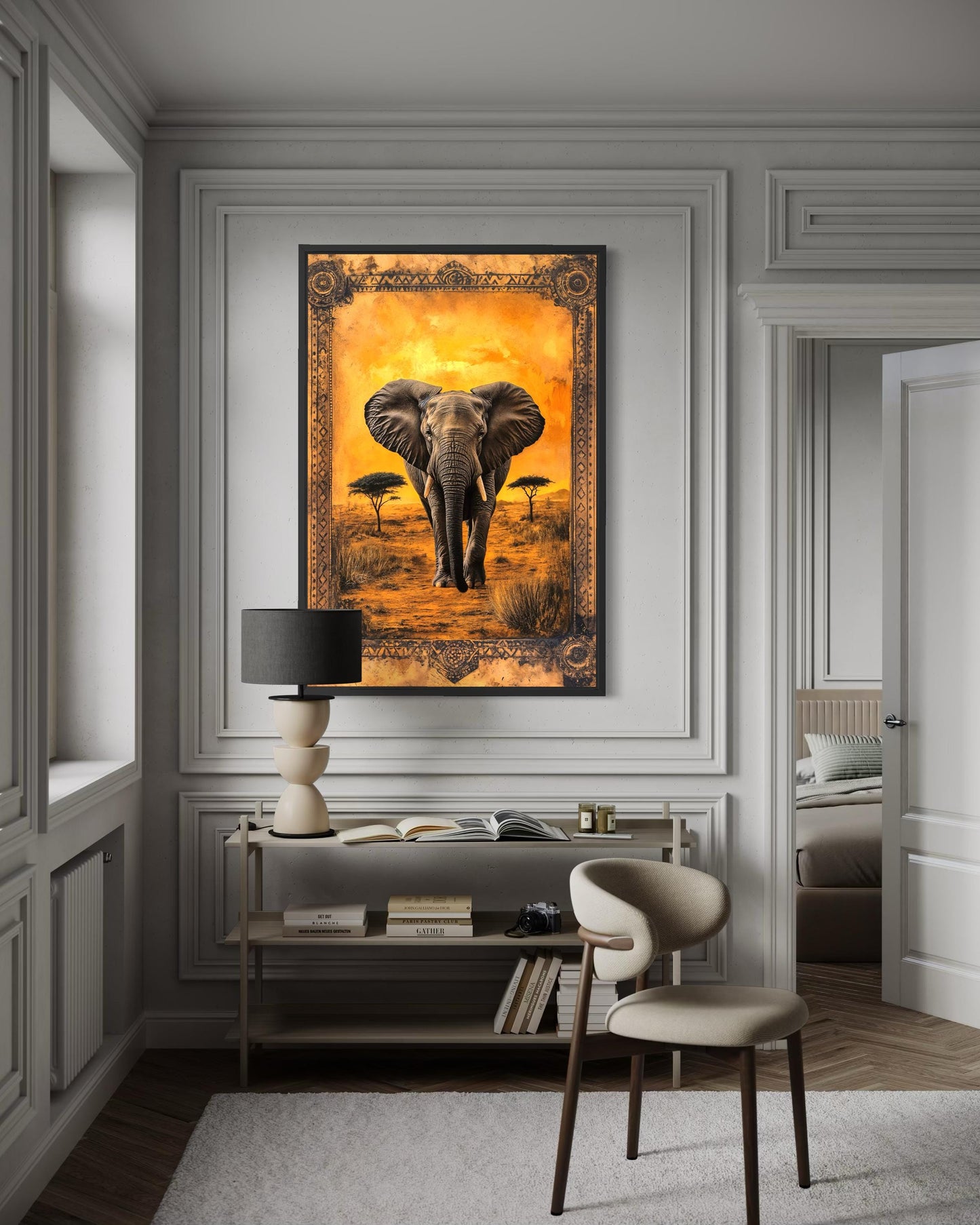 Elephant In African Savanna At Sunset Canvas Wall Art