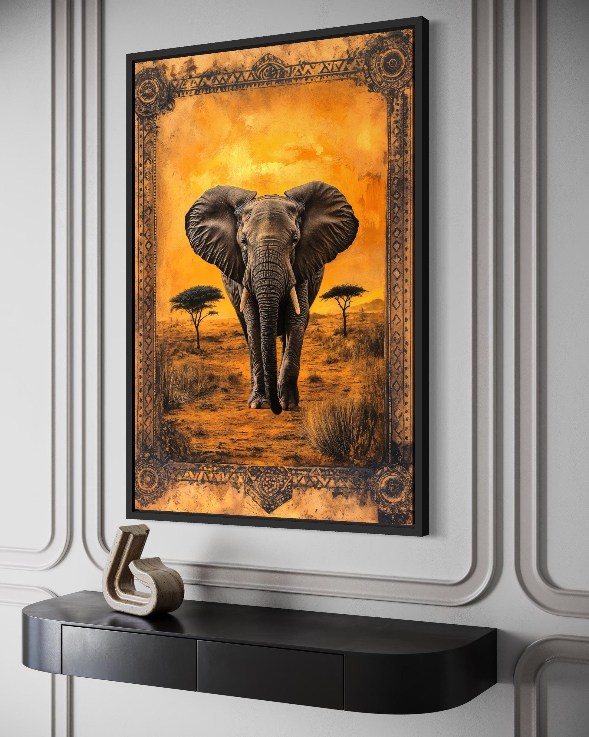 Elephant In African Savanna At Sunset Canvas Wall Art