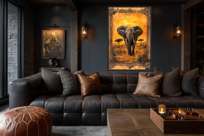Elephant In African Savanna At Sunset Canvas Wall Art