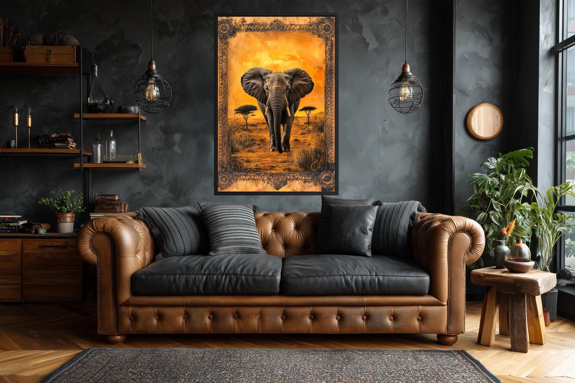 Elephant In African Savanna At Sunset Canvas Wall Art