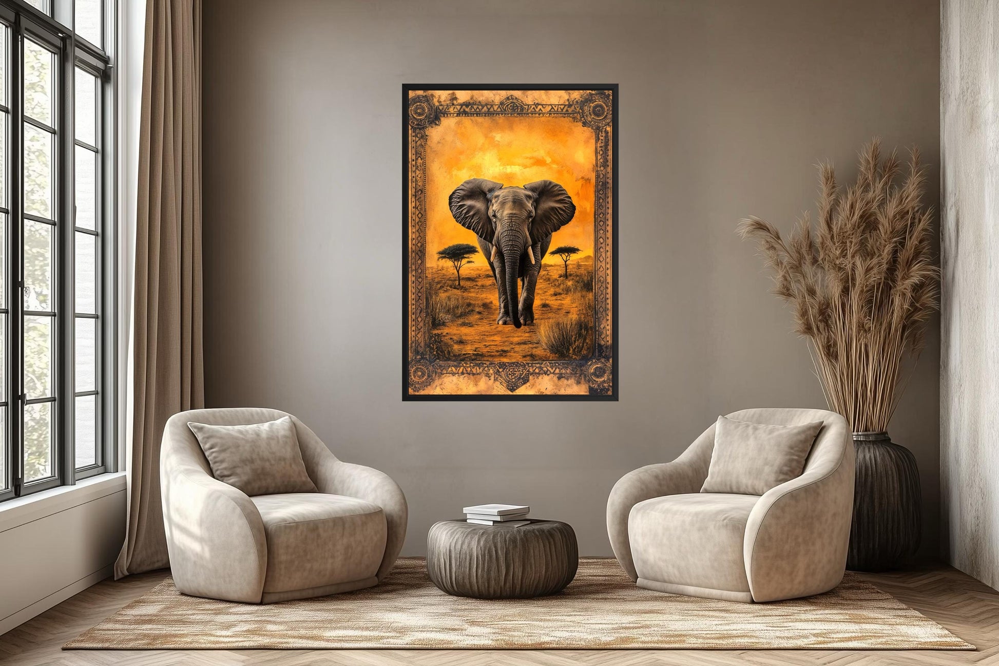 Elephant In African Savanna At Sunset Canvas Wall Art