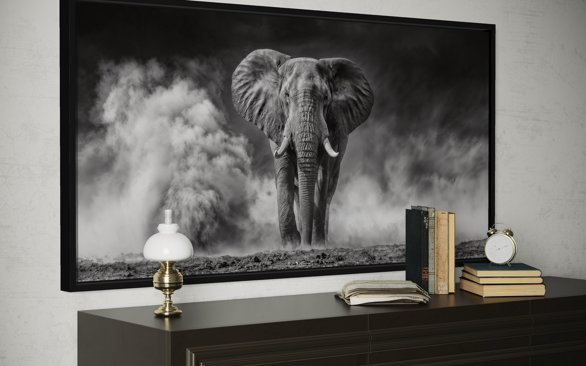 Elephant Wall Art - Black White Photography Framed Canvas Print for Rustic Home Decor