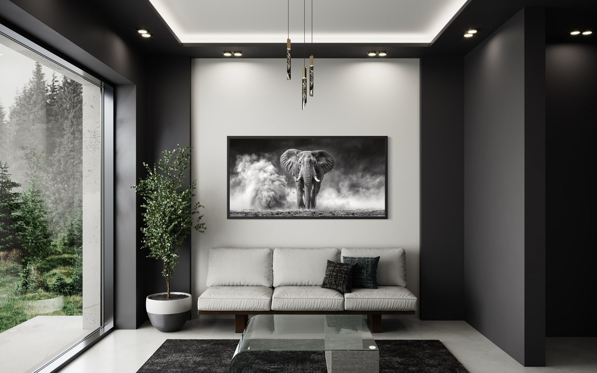 Elephant Wall Art - Black White Photography Framed Canvas Print for Rustic Home Decor