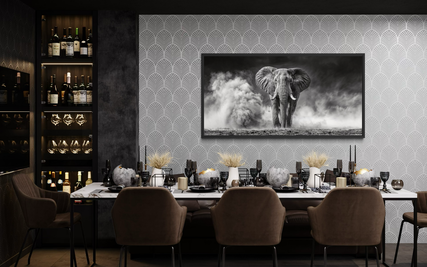 Elephant Wall Art - Black White Photography Framed Canvas Print for Rustic Home Decor