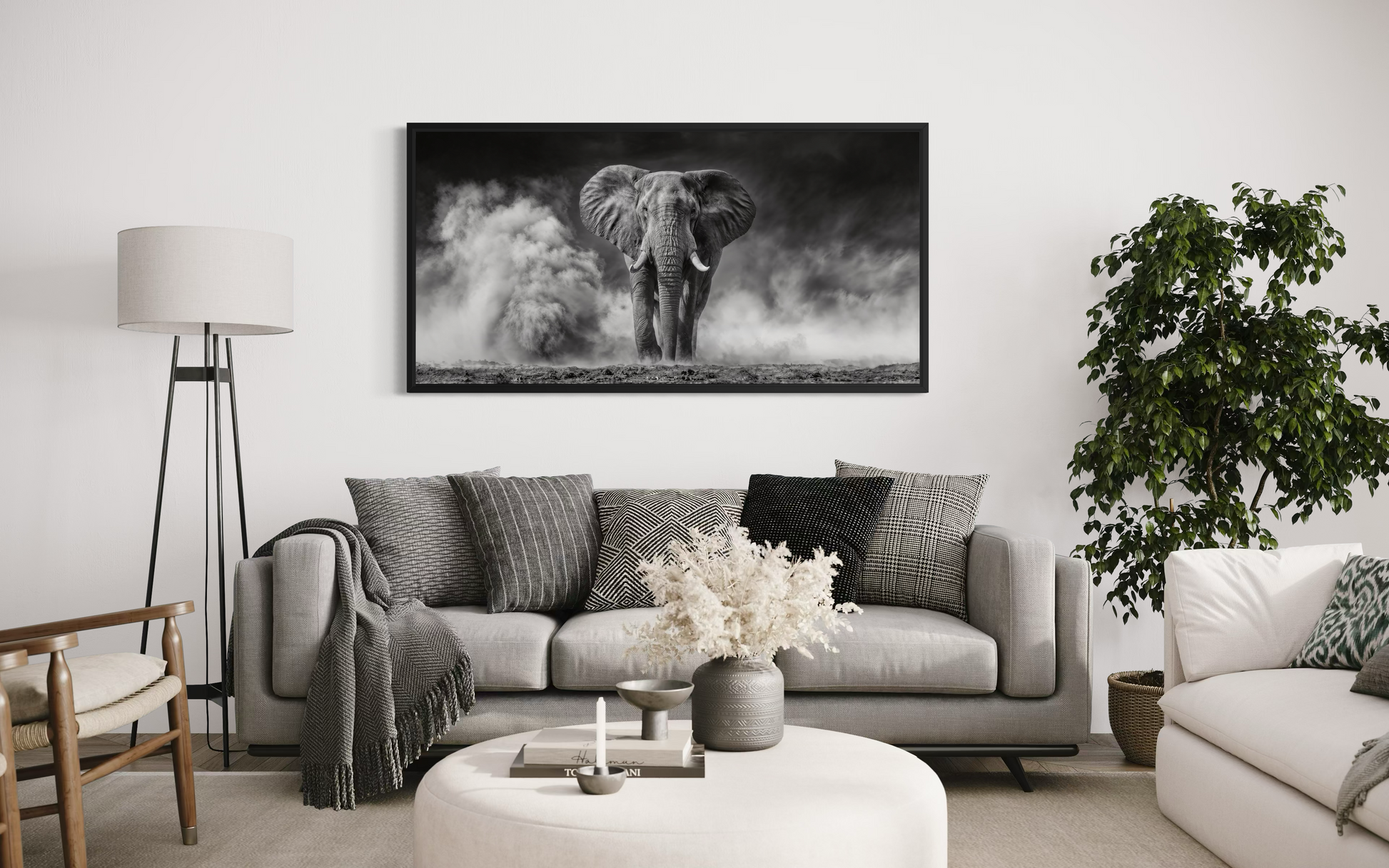 Elephant Wall Art - Black White Photography Framed Canvas Print for Rustic Home Decor