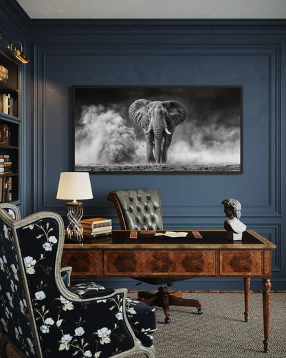 Elephant Wall Art - Black White Photography Framed Canvas Print for Rustic Home Decor