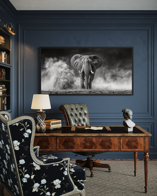 Elephant Wall Art - Black White Photography Framed Canvas Print for Rustic Home Decor