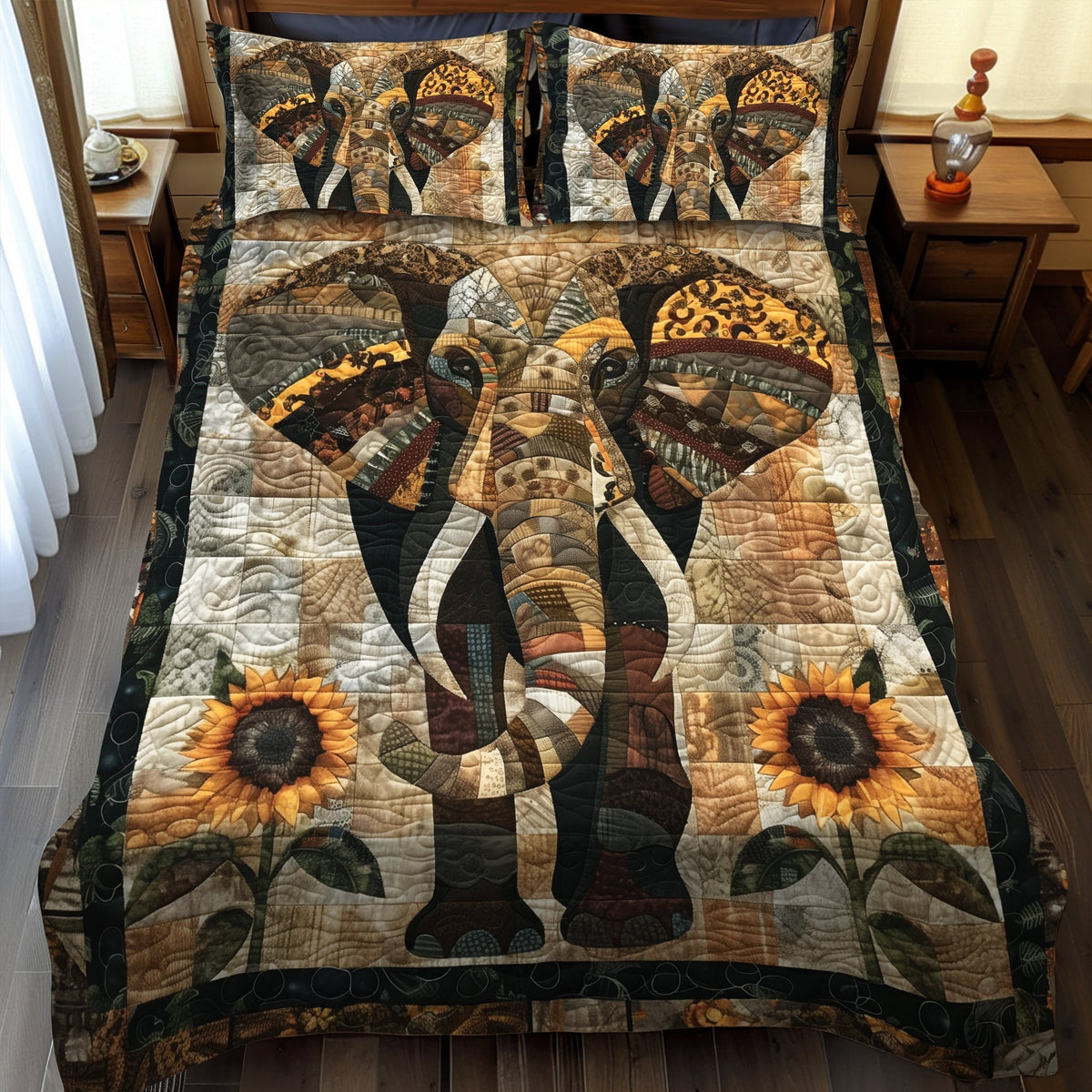 Single (59'' x 70'') /Elephant Oasis 3-Piece Quilted Bedding Set