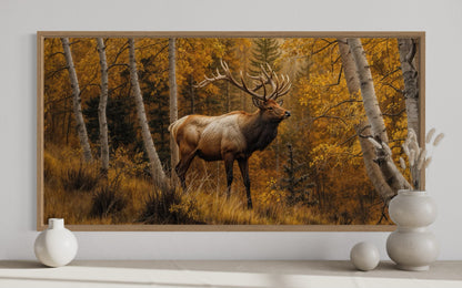 Elk In Autumn Forest Rustic Framed Canvas Wall Art for Cabin Decor