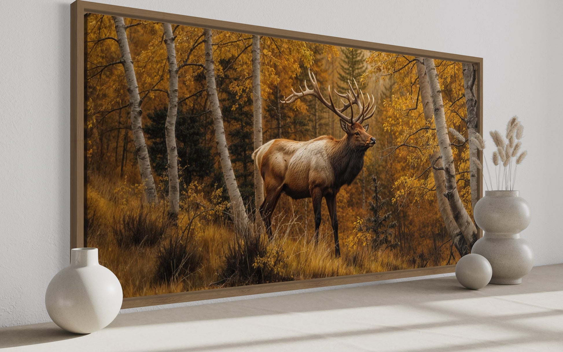Elk In Autumn Forest Rustic Framed Canvas Wall Art for Cabin Decor