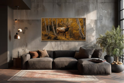 Elk In Autumn Forest Rustic Framed Canvas Wall Art for Cabin Decor