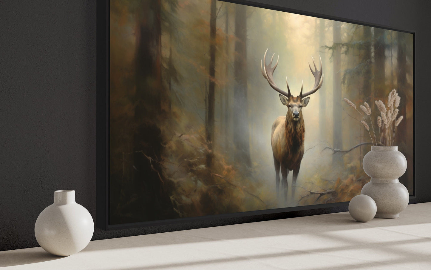 Elk In Foggy Forest Canvas Wall Art - Large Framed Rustic Cabin Decor