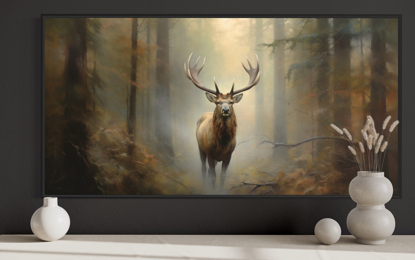 Elk In Foggy Forest Canvas Wall Art - Large Framed Rustic Cabin Decor