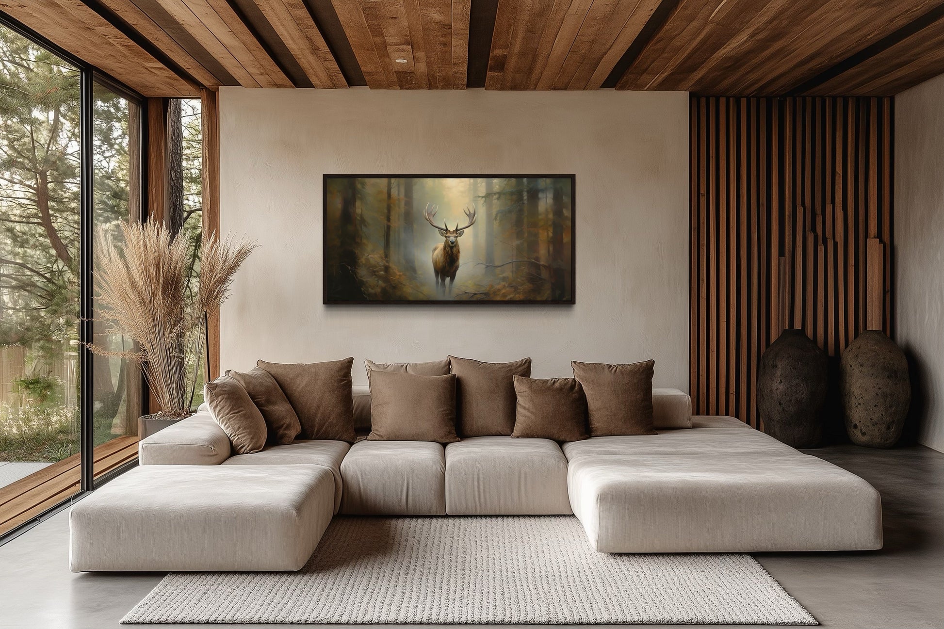 Elk In Foggy Forest Canvas Wall Art - Large Framed Rustic Cabin Decor