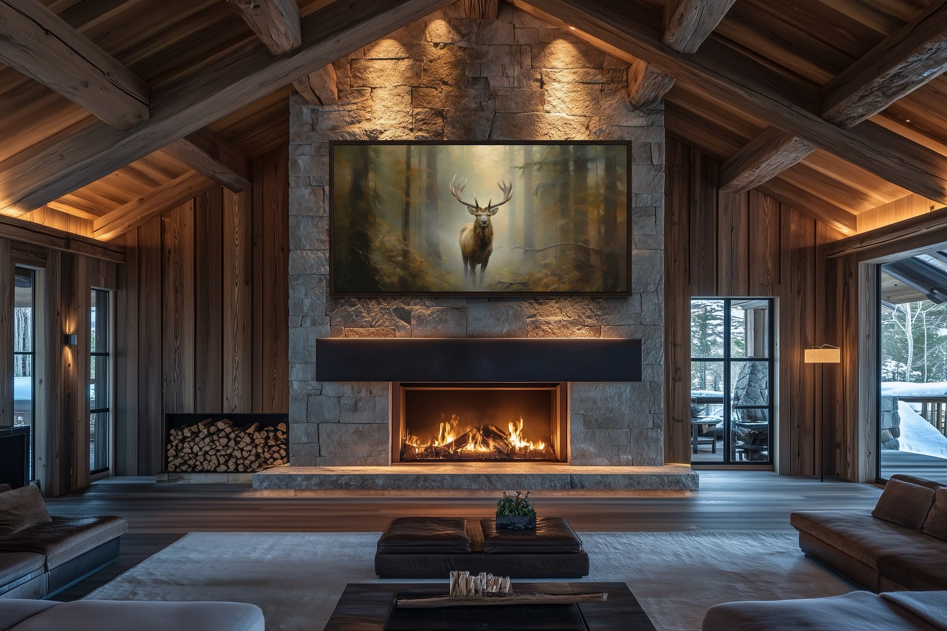 Elk In Foggy Forest Canvas Wall Art - Large Framed Rustic Cabin Decor
