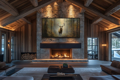 Elk In Foggy Forest Canvas Wall Art - Large Framed Rustic Cabin Decor