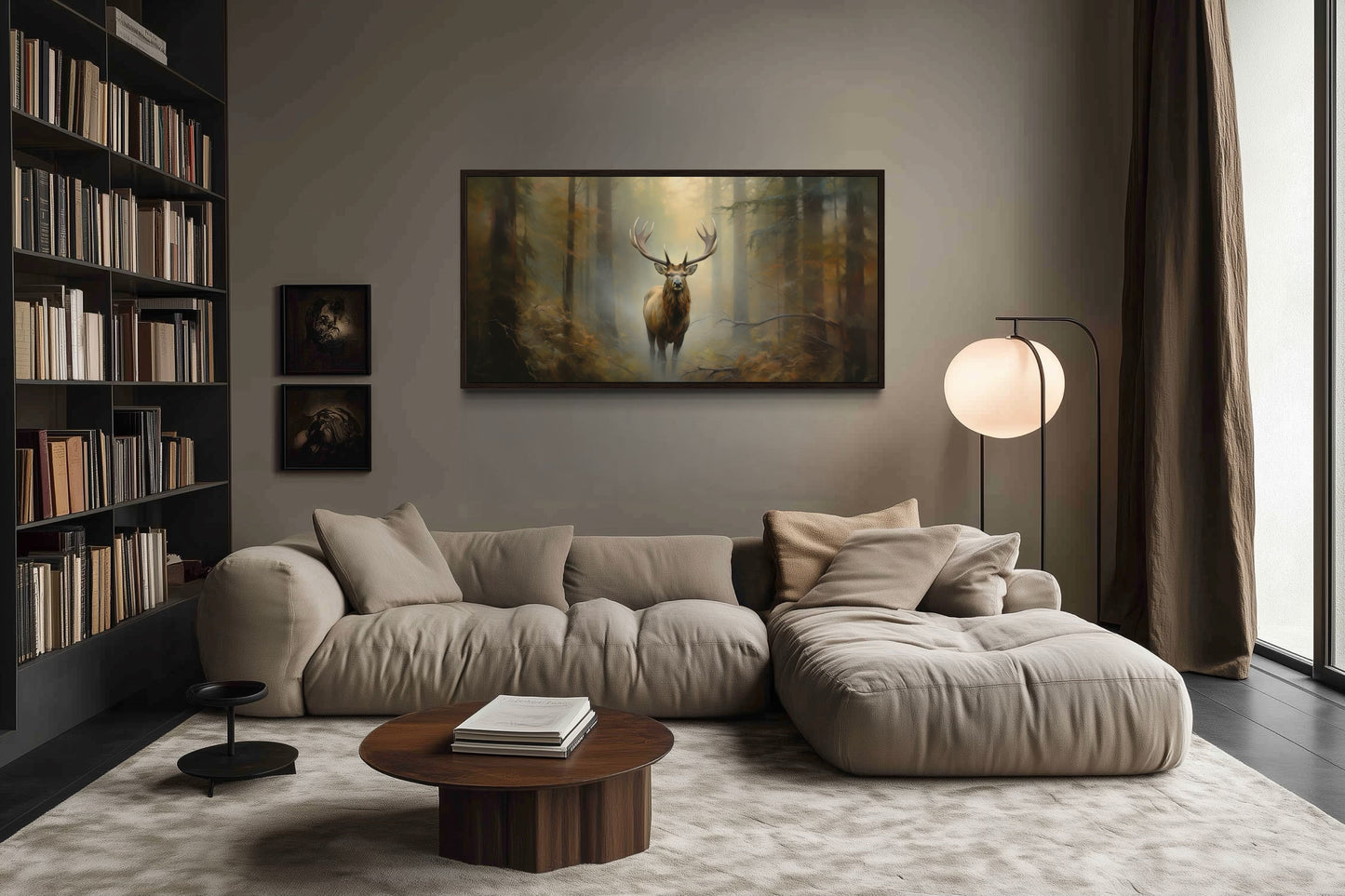 Elk In Foggy Forest Canvas Wall Art - Large Framed Rustic Cabin Decor