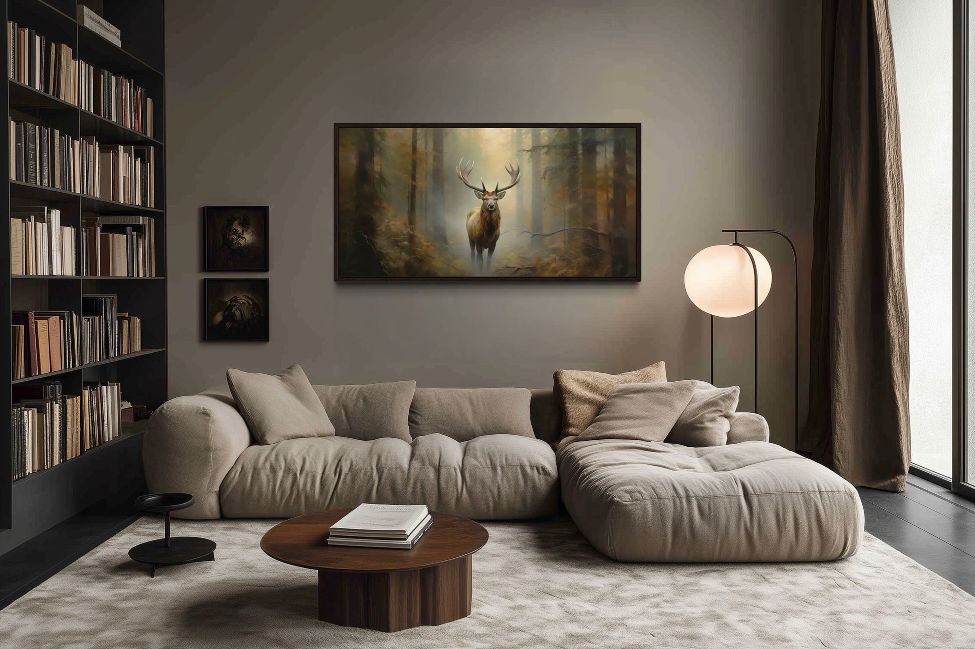 Elk In Foggy Forest Canvas Wall Art - Large Framed Rustic Cabin Decor