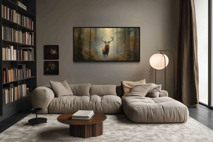 Elk In Foggy Forest Canvas Wall Art - Large Framed Rustic Cabin Decor