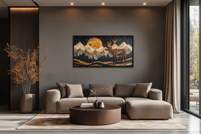 Elk Canvas Wall Art - Rustic Wood Panel Effect Framed Mountain Lodge Print