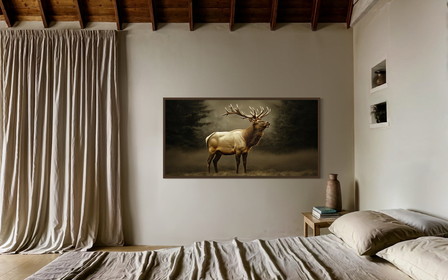 Elk In Dark Foggy Forest Framed Canvas Wall Art For Cabin Decor