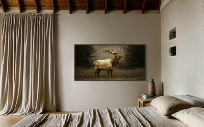 Elk In Dark Foggy Forest Framed Canvas Wall Art For Cabin Decor