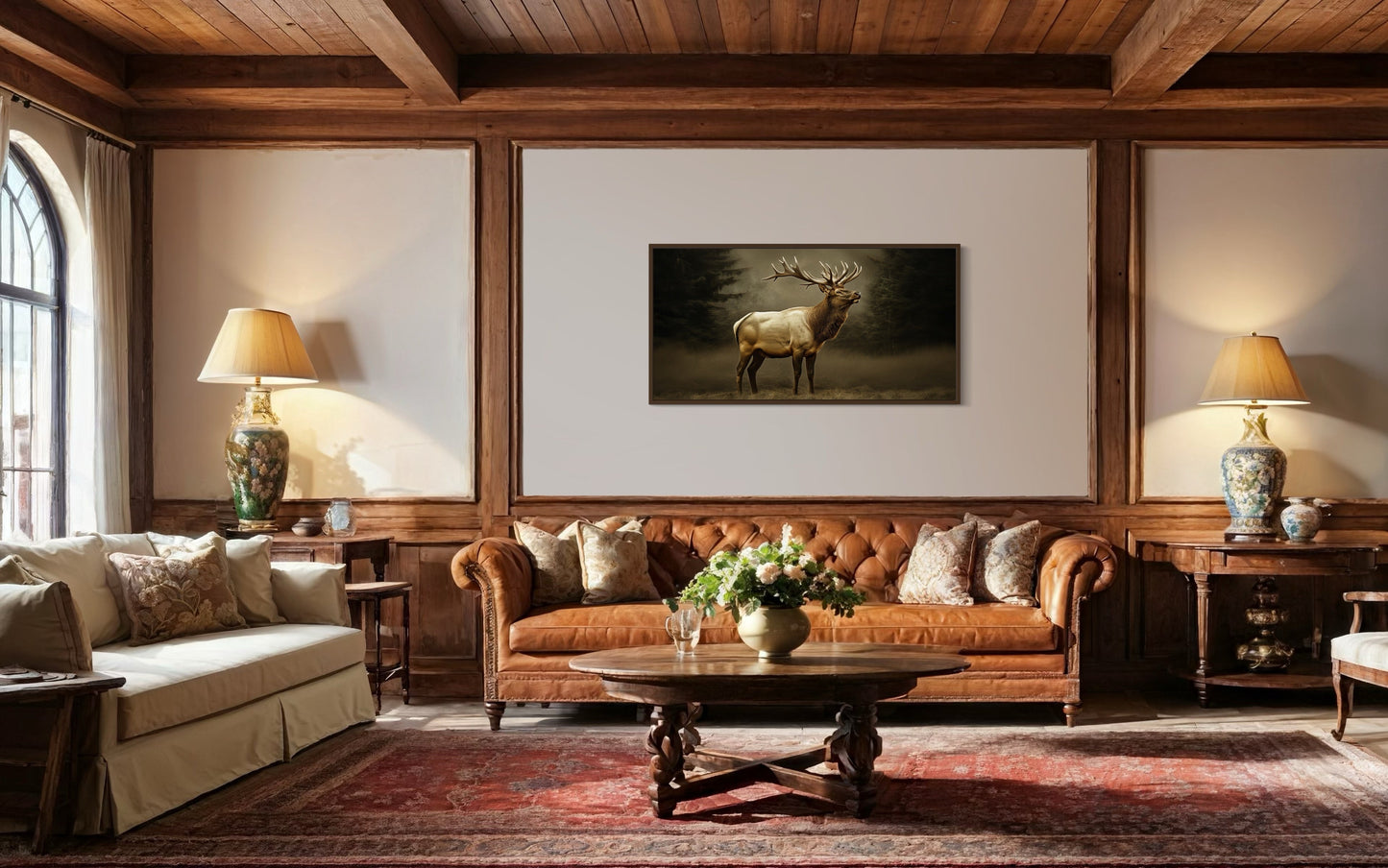 Elk In Dark Foggy Forest Framed Canvas Wall Art For Cabin Decor