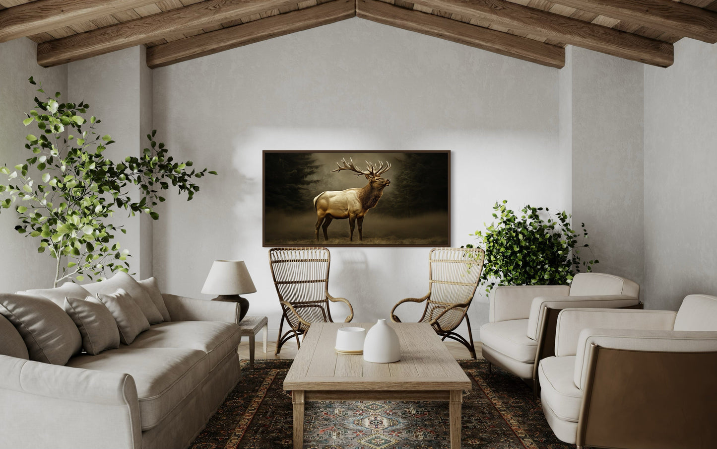 Elk In Dark Foggy Forest Framed Canvas Wall Art For Cabin Decor