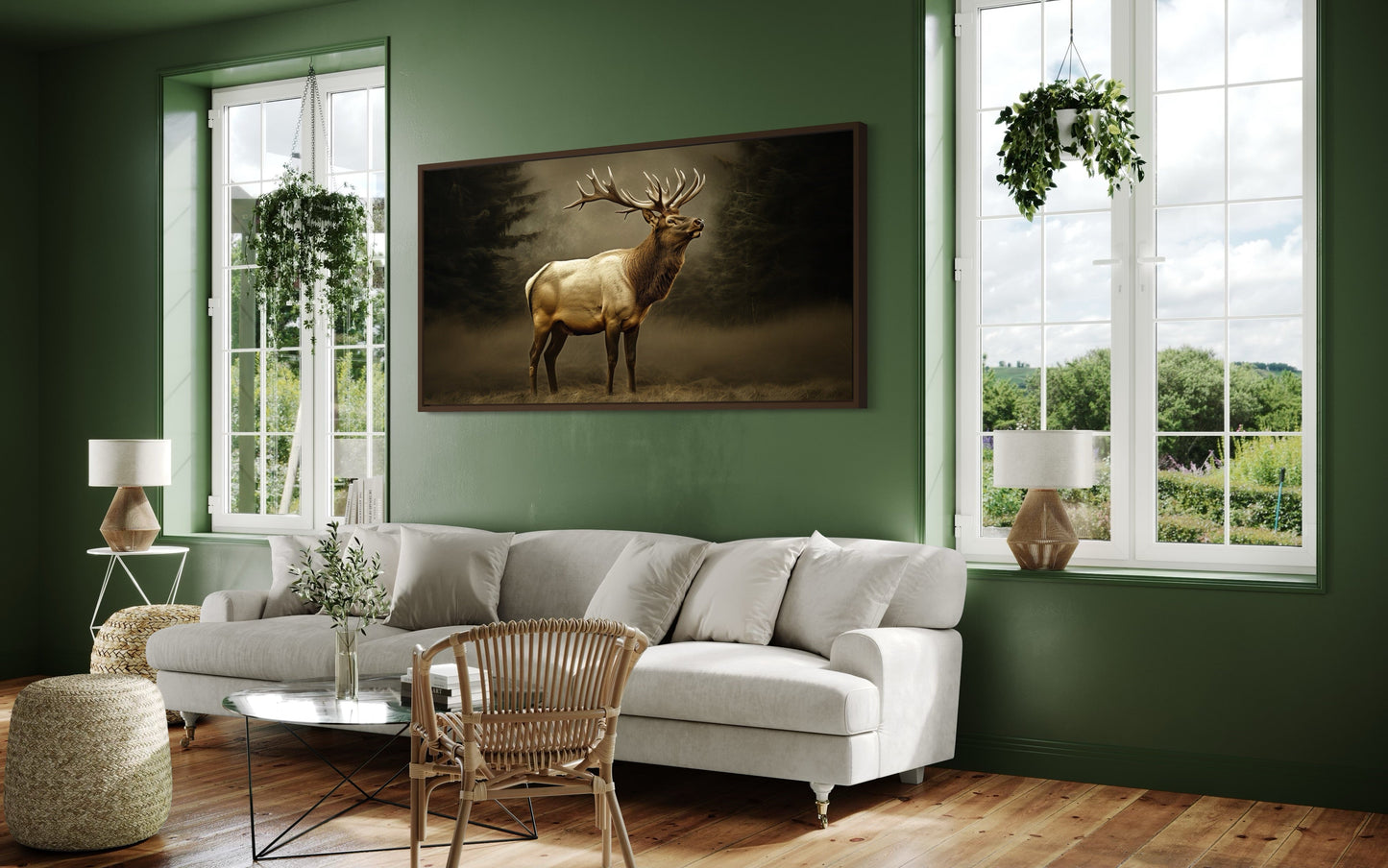 Elk In Dark Foggy Forest Framed Canvas Wall Art For Cabin Decor