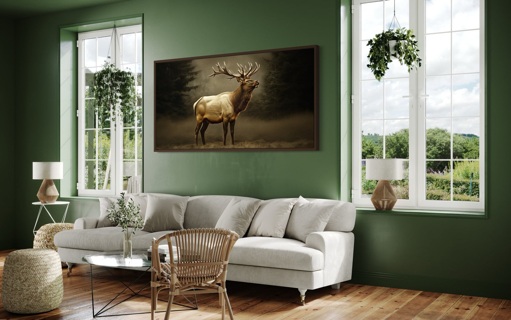 Elk In Dark Foggy Forest Framed Canvas Wall Art For Cabin Decor