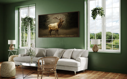 Elk In Dark Foggy Forest Framed Canvas Wall Art For Cabin Decor