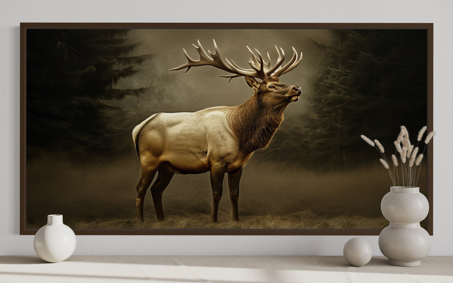 Elk In Dark Foggy Forest Framed Canvas Wall Art For Cabin Decor