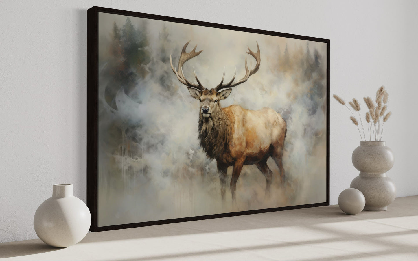 Elk In Smokey Forest -Wildlife Canvas Wall Art For Cabin Living Room Decor