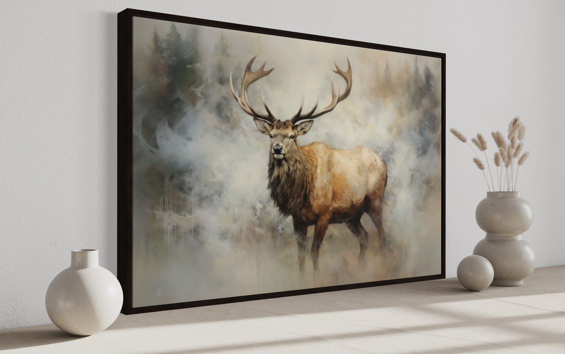 Elk In Smokey Forest -Wildlife Canvas Wall Art For Cabin Living Room Decor