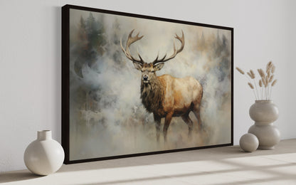 Elk In Smokey Forest -Wildlife Canvas Wall Art For Cabin Living Room Decor