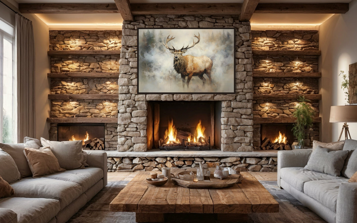 Elk In Smokey Forest -Wildlife Canvas Wall Art For Cabin Living Room Decor