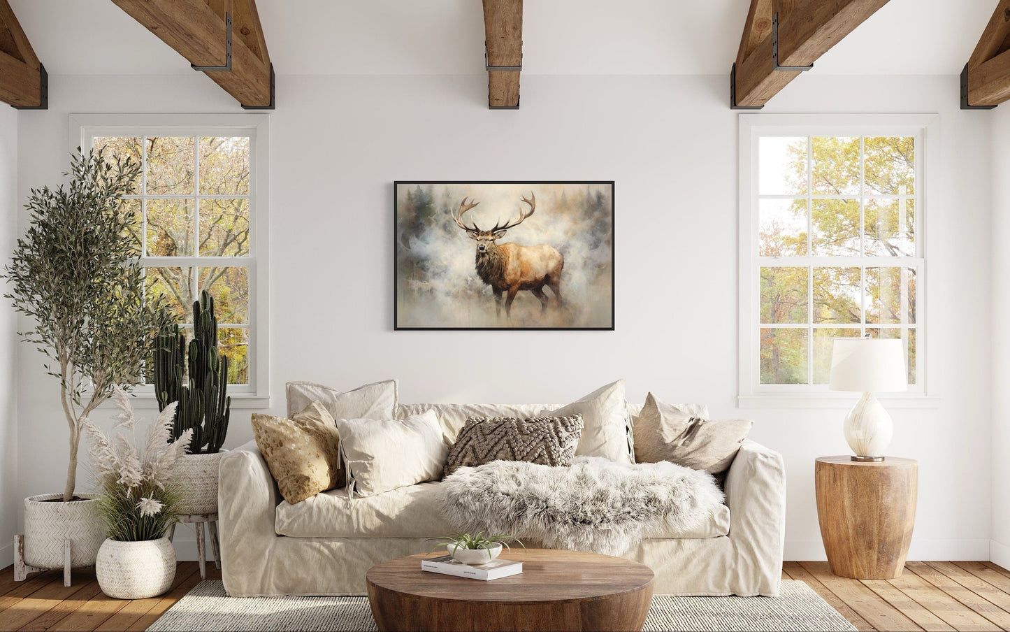 Elk In Smokey Forest -Wildlife Canvas Wall Art For Cabin Living Room Decor