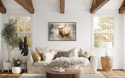 Elk In Smokey Forest -Wildlife Canvas Wall Art For Cabin Living Room Decor