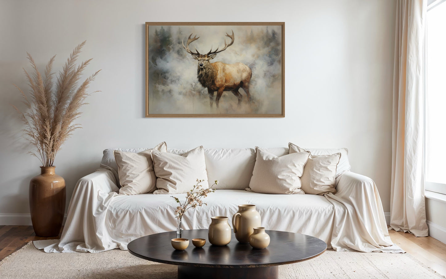 Elk In Smokey Forest -Wildlife Canvas Wall Art For Cabin Living Room Decor