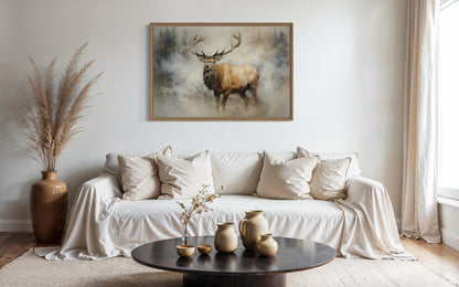 Elk In Smokey Forest -Wildlife Canvas Wall Art For Cabin Living Room Decor