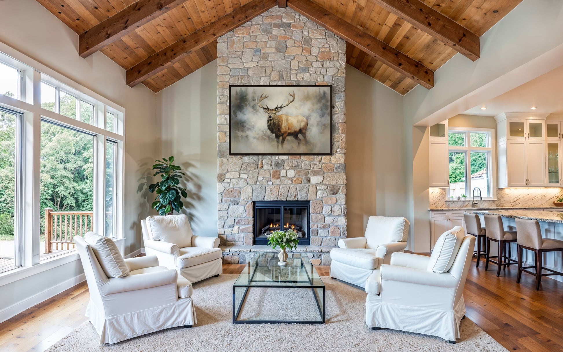 Elk In Smokey Forest -Wildlife Canvas Wall Art For Cabin Living Room Decor