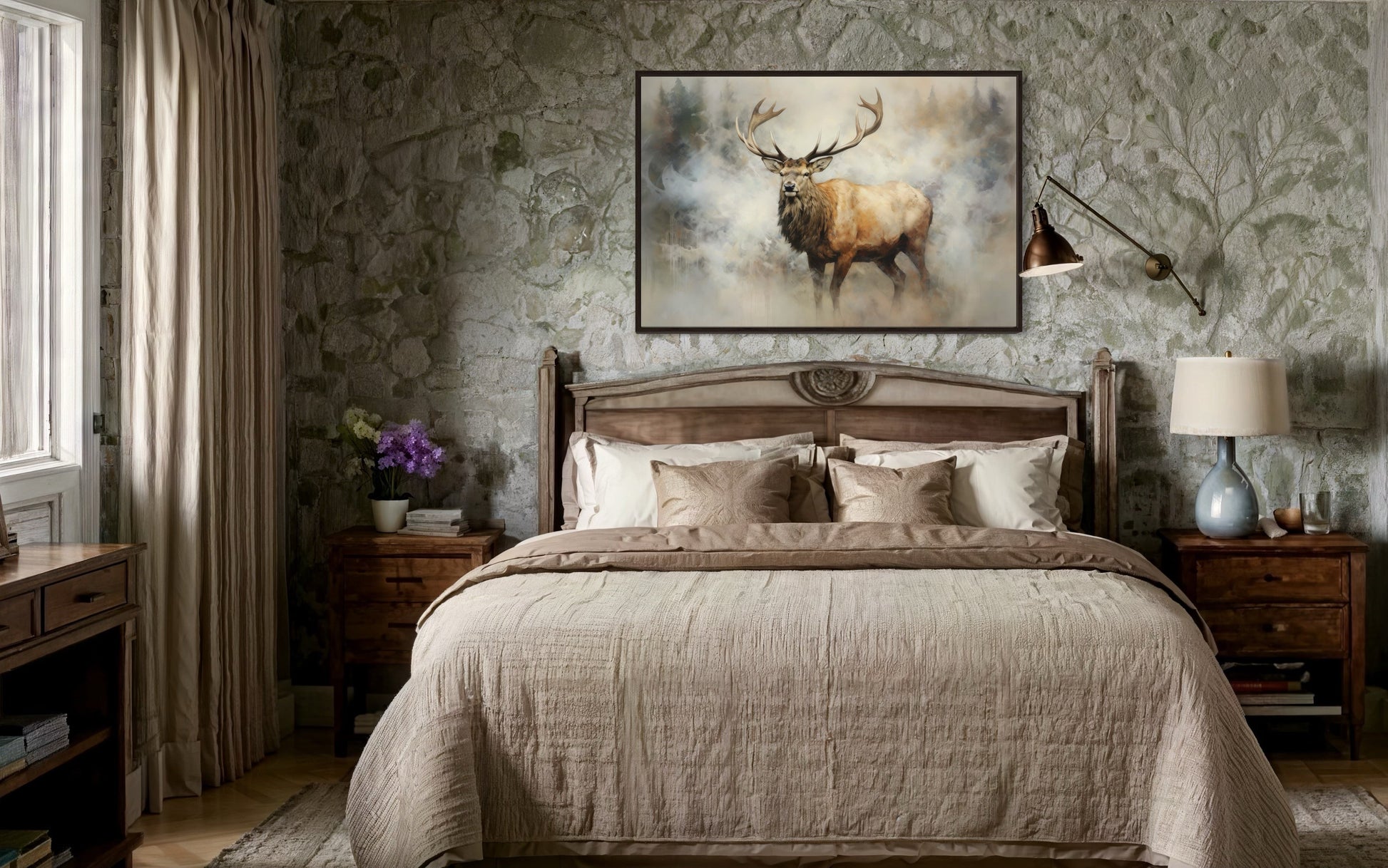 Elk In Smokey Forest -Wildlife Canvas Wall Art For Cabin Living Room Decor